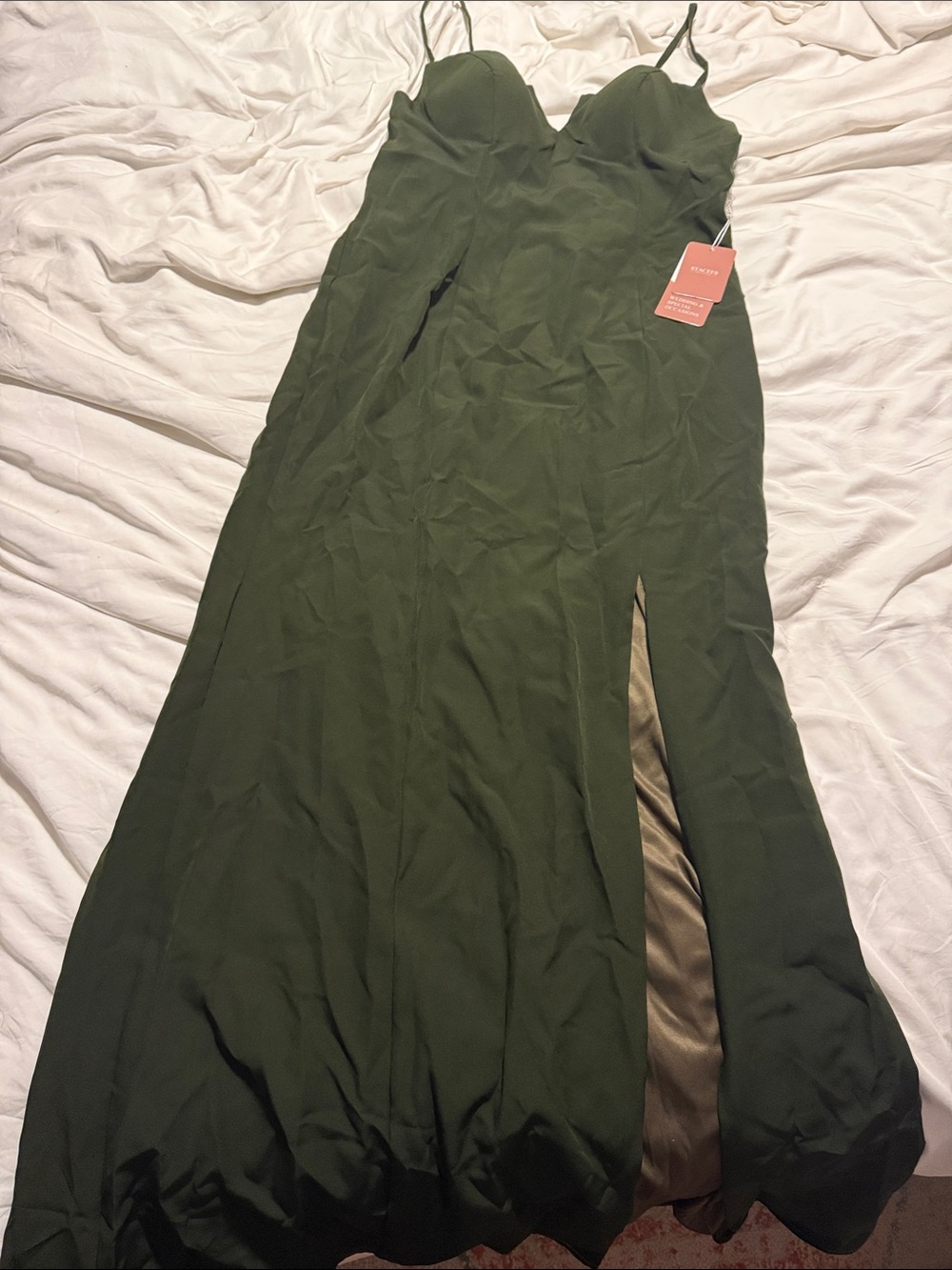 Olive Green Spaghetti-Strap Maxi Dress with Side Slit and Bust Cups